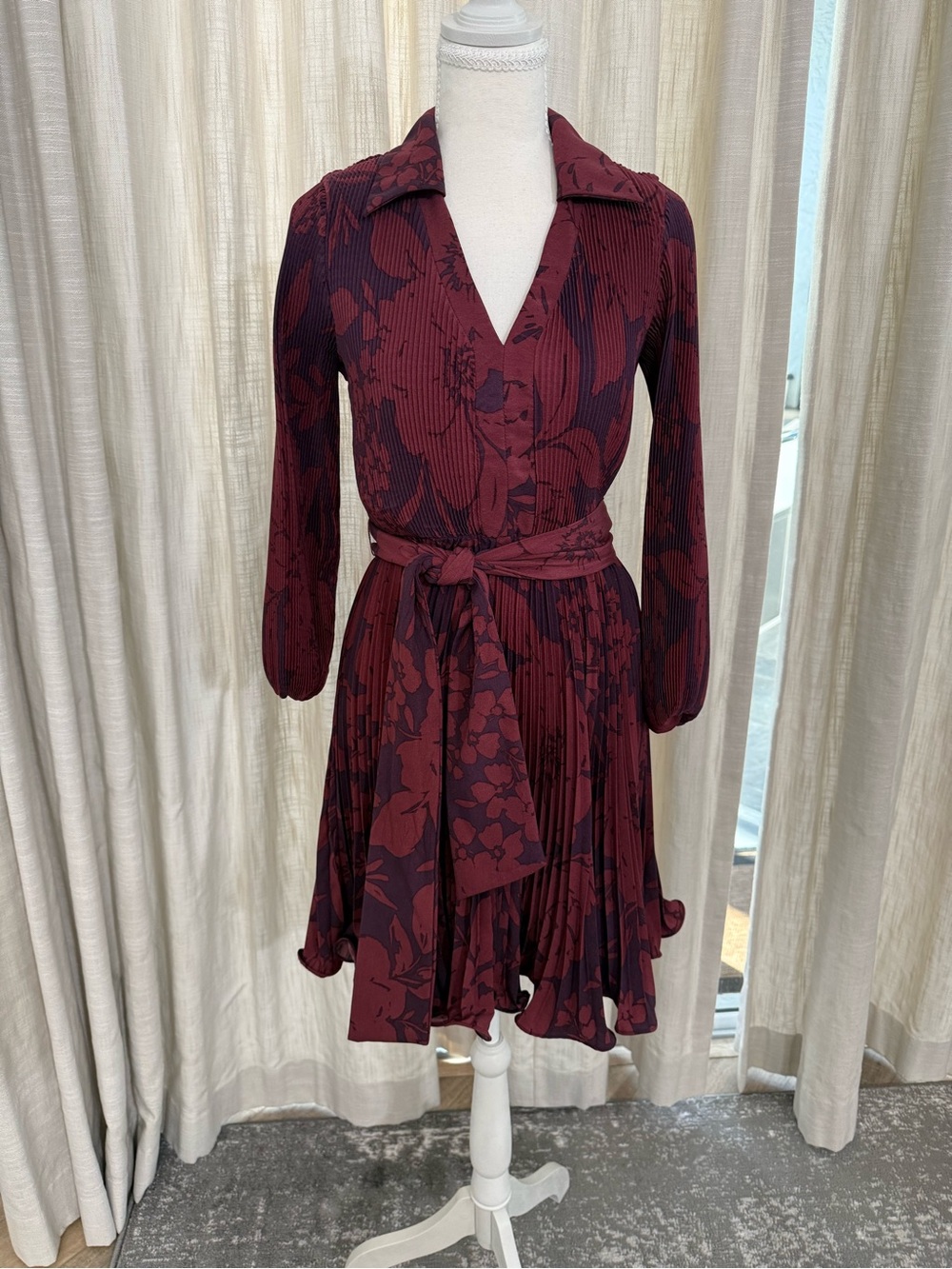 Taylor Wine Floral Pleated Belted Long Sleeve Dress